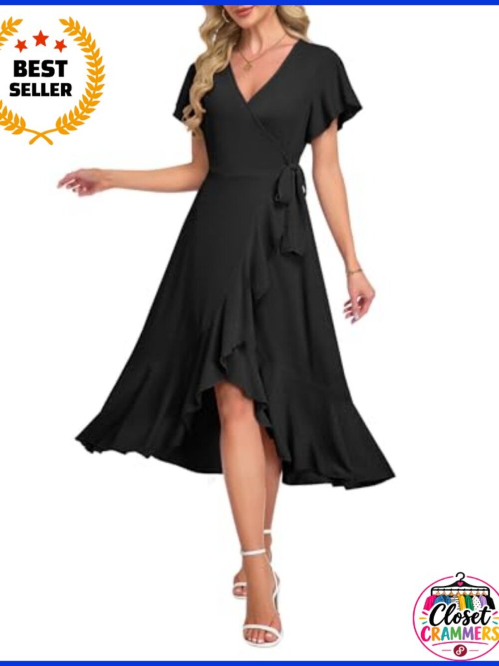 Women's Midi Wrap Dress V-Neck Flutter Sleeve Semi-Formal